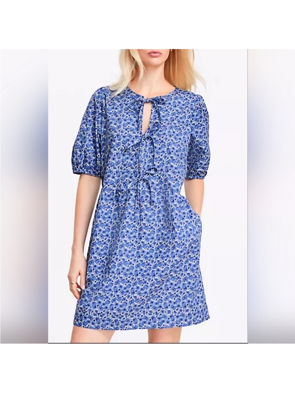LOFT Blue Floral Keyhole Puff-Sleeve Mini Dress